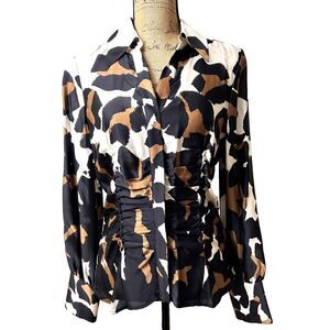 Carlisle Women's Black/Brown Animal Print Silk Buttom Down Shirt Blouse Sz 8